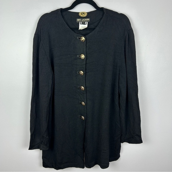 St. John Basics Santana Knit Button Front Sweater Cardigan Large Black - Picture 2 of 13